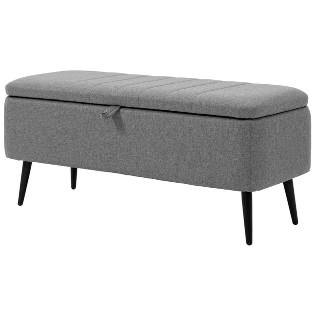 Bancă cu spațiu de depozitare Bancă tapițată cu aspect de in, cufă cu picioare din oțel 102 x 40 x 44 cm, gri