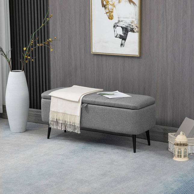 Bancă cu spațiu de depozitare Bancă tapițată cu aspect de in, cufă cu picioare din oțel 102 x 40 x 44 cm, gri