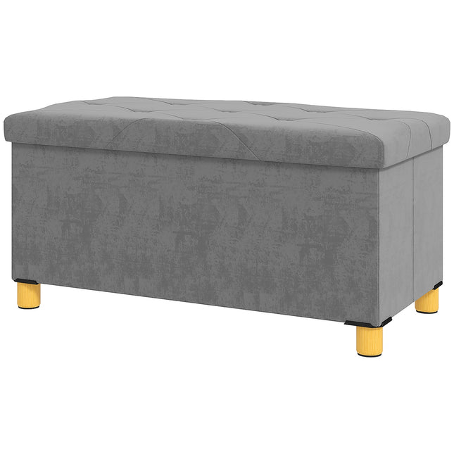 Bancă cu spațiu de depozitare, banchetă tapitată pliabilă, bancă de pat cu aspect catifelat, cufă pentru hol, dormitor, living, 76 x 38 x 38 cm gri