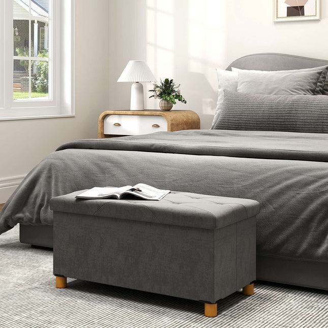Bancă cu spațiu de depozitare, banchetă tapitată pliabilă, bancă de pat cu aspect catifelat, cufă pentru hol, dormitor, living, 76 x 38 x 38 cm gri