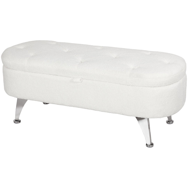 Bancuta cu spatiu de depozitare, bancheta tapitata cu capac, banca de pat cu aspect catifea teddy, pentru hol, dormitor, living, cadru metalic 114 x 47 x 46,5 cm alb
