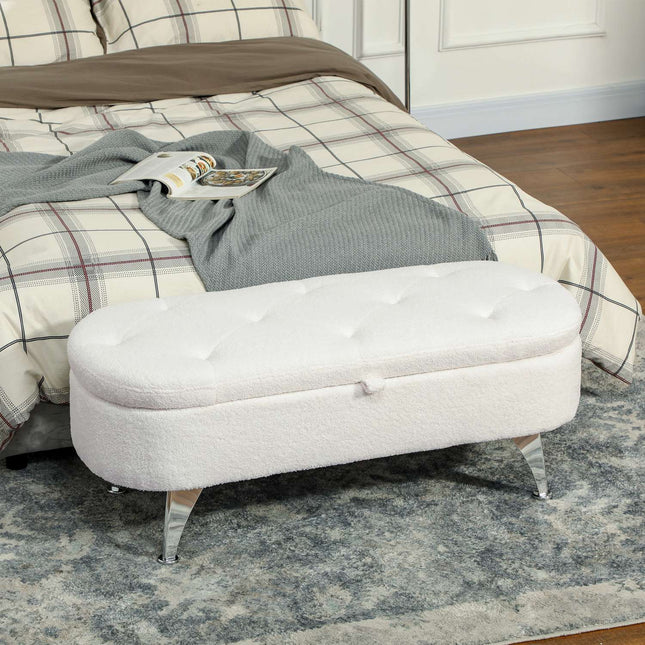 Bancuta cu spatiu de depozitare, bancheta tapitata cu capac, banca de pat cu aspect catifea teddy, pentru hol, dormitor, living, cadru metalic 114 x 47 x 46,5 cm alb
