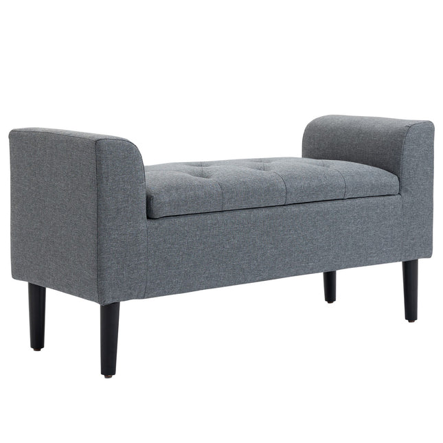 Bancă cu spațiu de depozitare, bancă tapițată cu aspect de in, picioare din lemn, bancă de pat cu o capacitate de încărcare de până la 130 kg, pentru living, dormitor, hol, 116 x 44 x 58 cm gri deschis