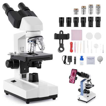 Binocular Compound Microscope 40-5000X, LED, Phone Mount