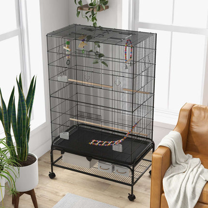 Bird cage aviary with perches, wheels and removable tray