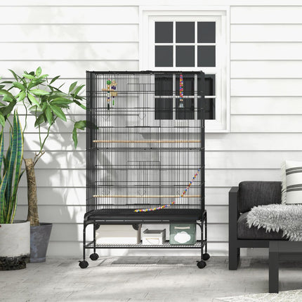 Bird cage aviary with perches, wheels and removable tray