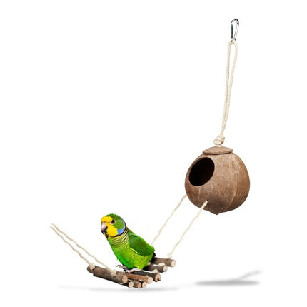 Jucărie pasăre cu nucă de cocos și scară din lemn
