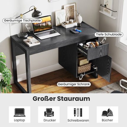 Birou de calculator negru cu dulap de depozitare, 112 cm