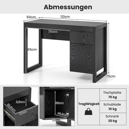 Birou de calculator negru cu dulap de depozitare, 112 cm