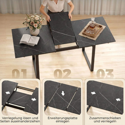 Black Extendable Dining Table 140-180 cm for 6-8, Marble Look, Steel Frame