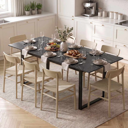 Black Extendable Dining Table 140-180 cm for 6-8, Marble Look, Steel Frame