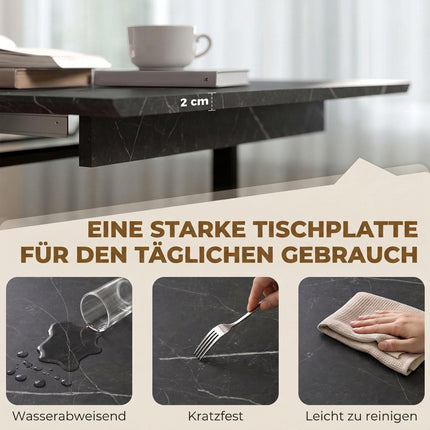 Black Extendable Dining Table 140-180 cm for 6-8, Marble Look, Steel Frame