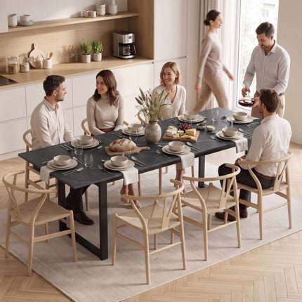 Black Extendable Dining Table 140-180 cm for 6-8, Marble Look, Steel Frame