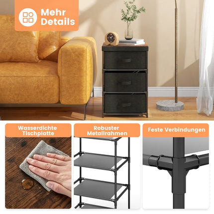 Noptieră cu sertar din material textil negru, cadru metalic, set de 2