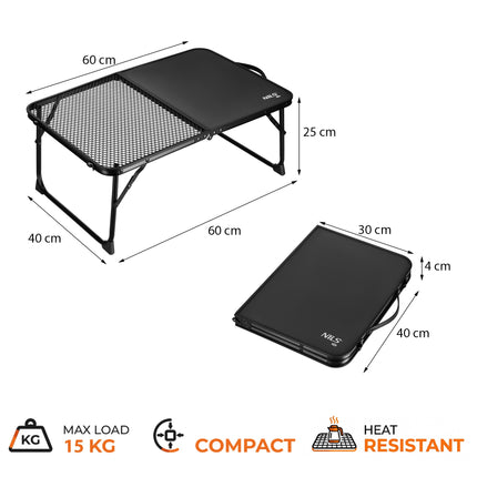 Masă de camping pliabilă neagră – ușoară, compactă, 60x40 cm