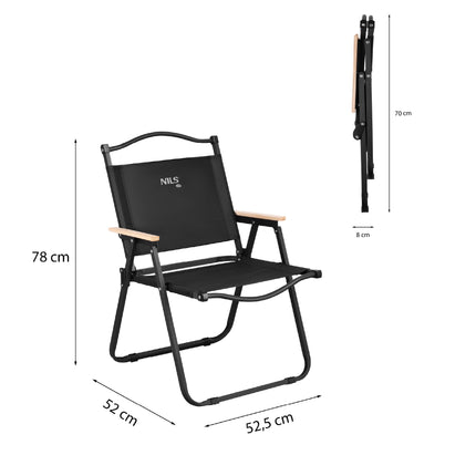 Scaun pliant negru, cadru din fier, șezut din poliester 900D