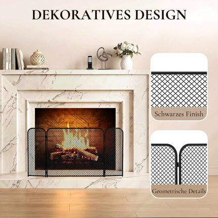 Ecran pliabil pentru șemineu, model geometric negru – Metal, 3 panouri