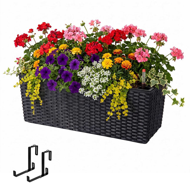 Jardinieră de balcon din ratan negru cu indicator al nivelului apei