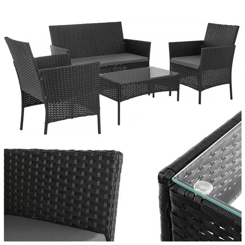 Set de mobilier de grădină din ratan negru – 2 scaune, canapea, masă