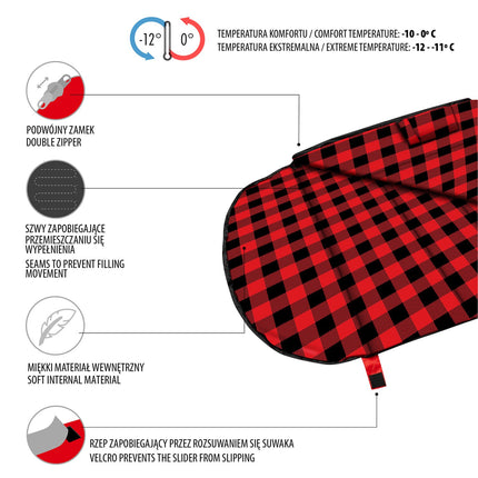 Sac de dormit negru-roșu, compact, ușor