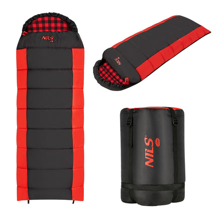 Sac de dormit negru-roșu, compact, ușor