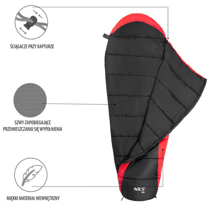 Sac de dormit negru-rosu, usor, compact
