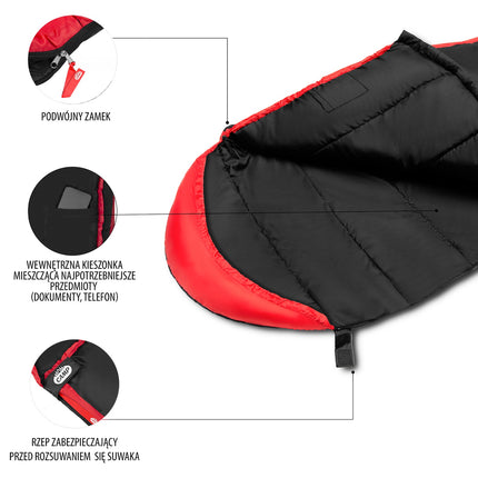 Sac de dormit negru-rosu, usor, compact