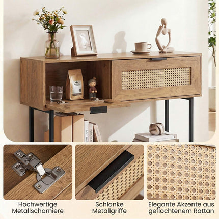 Masă consolă Boho cu 2 rafturi și spațiu de depozitare deschis, naturală