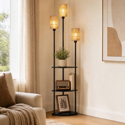 Boho Floor Lamp with 3 Shelves and 3 Paper Rope Shades, E27, Black