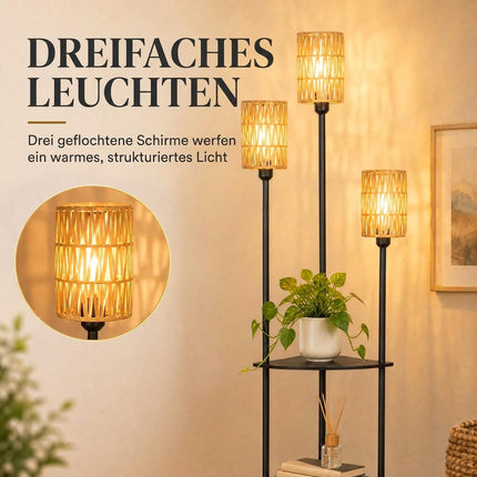 Boho Floor Lamp with 3 Shelves and 3 Paper Rope Shades, E27, Black