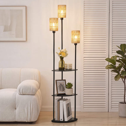 Boho Floor Lamp with 3 Shelves and 3 Paper Rope Shades, E27, Black