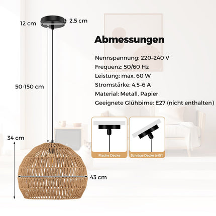 Lampă suspendată Boho, înălțime reglabilă, abajur din hârtie