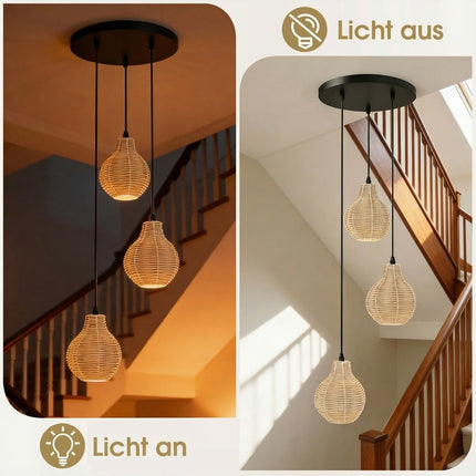 Lampă suspendată Boho din ratan, cu 3 becuri, înălțime reglabilă