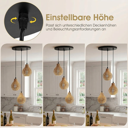 Lampă suspendată Boho din ratan, cu 3 becuri, înălțime reglabilă
