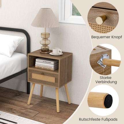 Noptieră din ratan în stil boho cu sertar, lemn natural