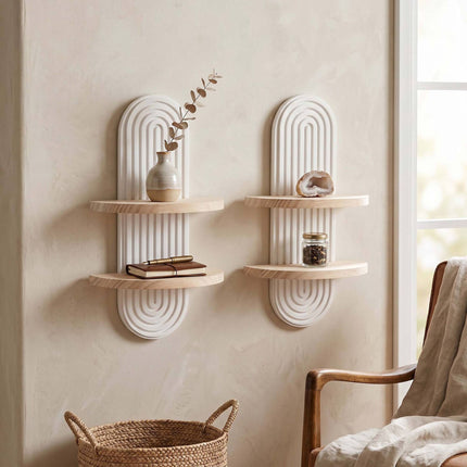 Set de rafturi de perete Boho, 2 buc. – Pin natural, Alb/Maro