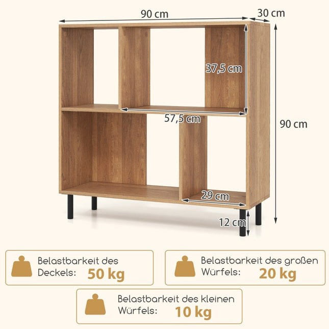 Bibliotecă cu 4 compartimente și picioare metalice raft de depozitare raft natural