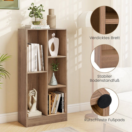 Bibliotecă cu 5 compartimente, poliță în picioare, poliță cub, poliță birou, poliță depozitare, 50 x 24 x 104 cm, natural