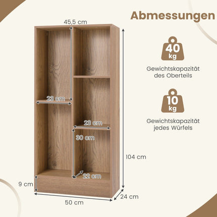 Bibliotecă cu 5 compartimente, poliță în picioare, poliță cub, poliță birou, poliță depozitare, 50 x 24 x 104 cm, natural