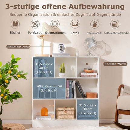 Bibliotecă cu 8 compartimente, raft pe picioare cu 3 nivele, raft cub, raft birou, raft depozitare, 100 x 24 x 104 cm, alb