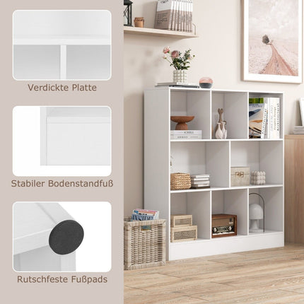 Bibliotecă cu 8 compartimente, raft pe picioare cu 3 nivele, raft cub, raft birou, raft depozitare, 100 x 24 x 104 cm, alb