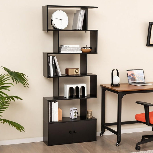Bibliotecă cu uși și raft pe 5 niveluri din lemn 183 x 70 x 23 cm separator de cameră negru