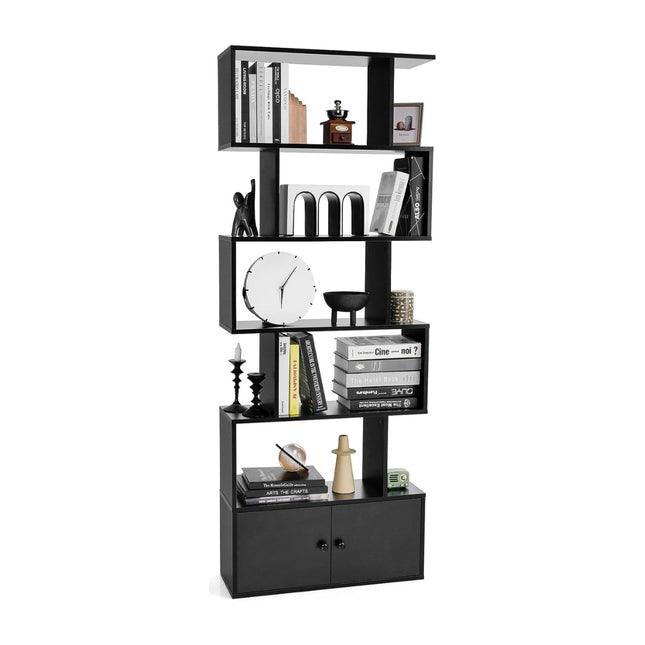 Bibliotecă cu uși și raft pe 5 niveluri din lemn 183 x 70 x 23 cm separator de cameră negru