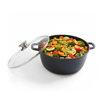 Oală de gătit cu capac de sticlă, aluminiu turnat, antiaderentă