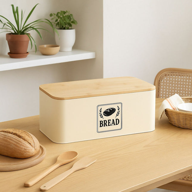 Cutie de pâine cu capac din bambus - Design retro, carcasă metalică