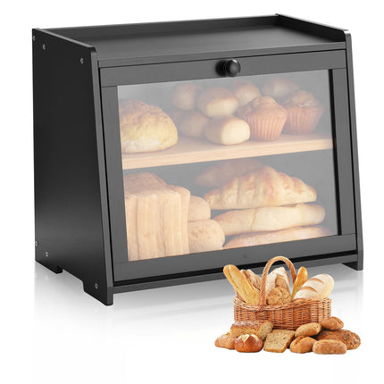Bread Box, Double Layer Bamboo with Acrylic Door, Black