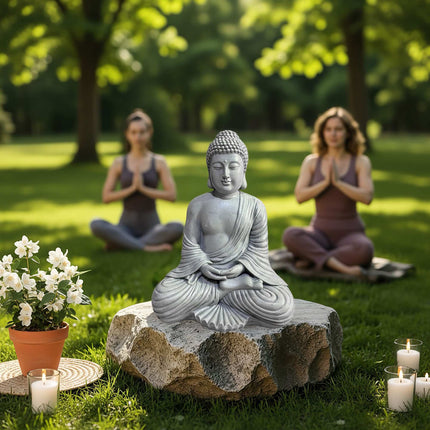 Statuie Buddha, 42 cm, efect de piatră, rezistentă la intemperii