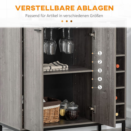 Gray buffet cabinet with wine rack, adjustable shelves