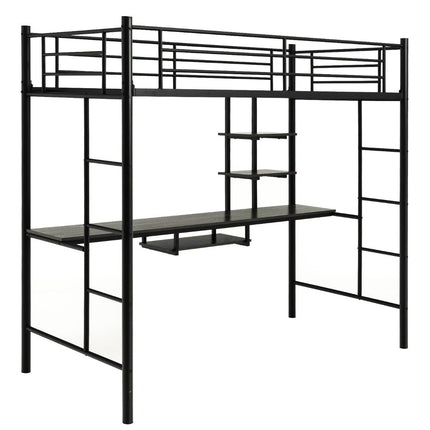 Bunk bed frame loft bed made of metal with desk ladders and railing black