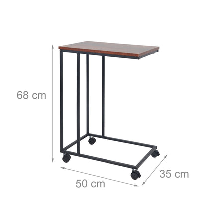 Masă laterală în formă de C cu roți - aspect lemn, cadru metalic